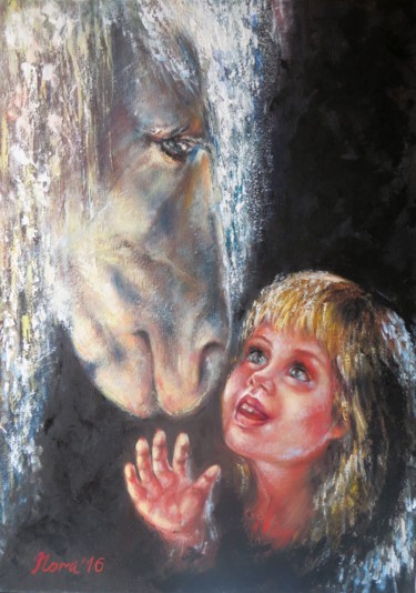 Painting titled "Horse and Little Gi…" by Eleonora Taranova, Original Artwork, Oil Mounted on Wood Stretcher frame