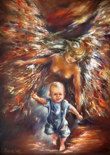 Painting titled "The Guardian Angel…" by Eleonora Taranova, Original Artwork, Oil Mounted on Wood Stretcher frame