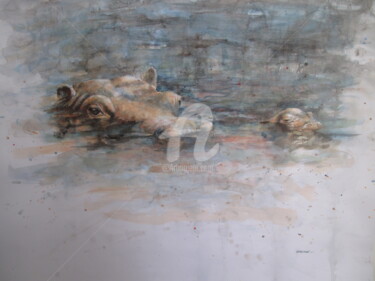 Pittura intitolato "hippopotames-aquare…" da Elisabeth Le Prunenec, Opera d'arte originale, Acquarello