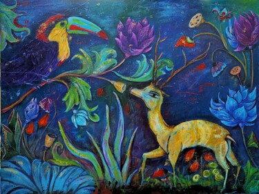 Painting titled "Rencontre improbable" by Eliane Perrier, Original Artwork, Acrylic Mounted on Wood Stretcher frame