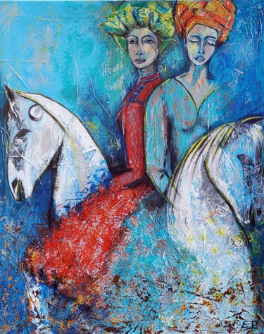 Painting titled "Les Cavalières" by Eliane Perrier, Original Artwork, Acrylic Mounted on Wood Stretcher frame
