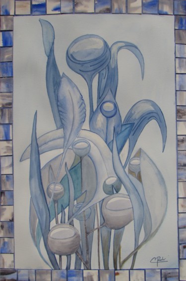 Ζωγραφική με τίτλο "Fleurs bleues imagi…" από Eliane Robin, Αυθεντικά έργα τέχνης, Ακουαρέλα Τοποθετήθηκε στο Ποτήρι