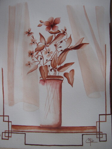 Malerei mit dem Titel "Fleurs rouges" von Eliane Robin, Original-Kunstwerk, Aquarell Auf Glas montiert