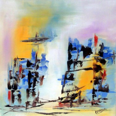 Painting titled "Les tours du port" by Eliette Gaurin, Original Artwork, Oil Mounted on Wood Stretcher frame