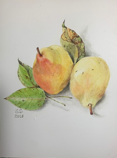 Malerei mit dem Titel "Poires" von Eliette Sagot, Original-Kunstwerk, Aquarell Auf Karton montiert