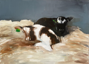 Schilderij getiteld "two calves" door Elina Evstig, Origineel Kunstwerk, Olie