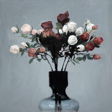 Картина под названием "flowers in smoky gr…" - Elina Evstig, Подлинное произведение искусства, Масло