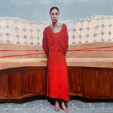 Картина под названием "red knit dress" - Elina Evstig, Подлинное произведение искусства, Масло