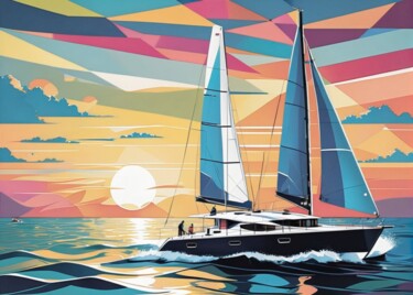 Painting titled "Sailing into the Su…" by Elina Kharitonova, Original Artwork, Acrylic Mounted on Wood Stretcher frame