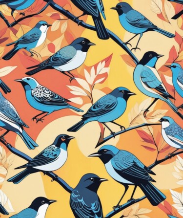 Peinture intitulée "Birds and Leaves Se…" par Elina Kharitonova, Œuvre d'art originale, Acrylique Monté sur Châssis en bois