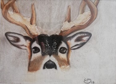 Dessin intitulée "Cerf sous la neige" par Élisa Brun, Œuvre d'art originale, Pastel Monté sur Panneau de bois