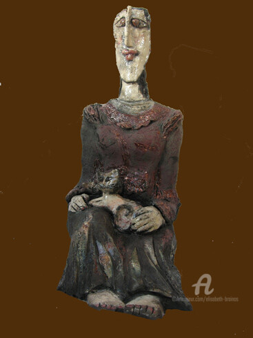Escultura intitulada "la pause chat" por Elisabeth Brainos, Obras de arte originais, Terracota