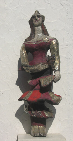 Sculpture intitulée "grande idole au chat" par Elisabeth Brainos, Œuvre d'art originale, Terre cuite