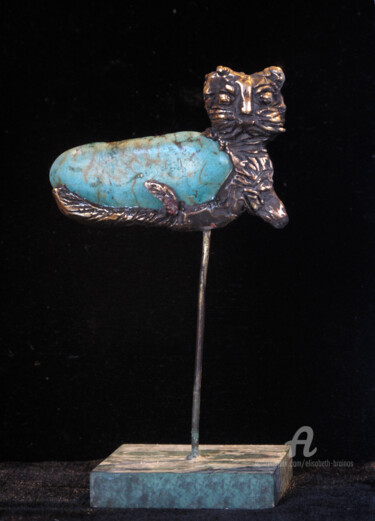 Scultura intitolato "Chat turquoise" da Elisabeth Brainos, Opera d'arte originale, Bronzo