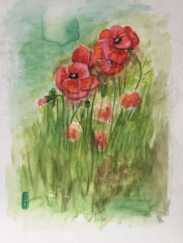 Painting titled "Coquelicots des che…" by Elisabeth Fabre Derulliere, Original Artwork, Gouache Mounted on Cardboard