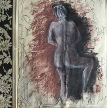 Drawing titled "Solange sur carton…" by Elisabeth Fabre Derulliere, Original Artwork, Charcoal