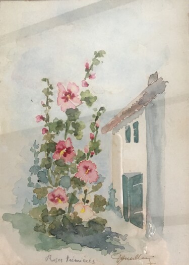 Pittura intitolato "Roses trémières à T…" da Elisabeth Fabre Derulliere, Opera d'arte originale, Acquarello
