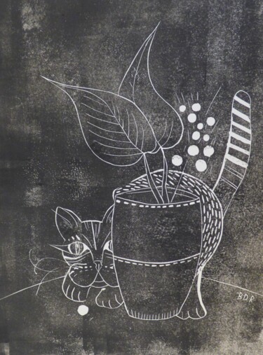 印花与版画 标题为“derrière le pot” 由Elisabeth Renard (B.Dumont Renard), 原创艺术品, Linocuts