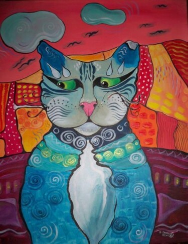 Pittura intitolato "Le chat au tricot" da Elisabeth Renard (B.Dumont Renard), Opera d'arte originale, Acrilico Montato su Te…