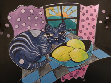 Peinture intitulée "le chat aux 3 citro…" par Elisabeth Renard (B.Dumont Renard), Œuvre d'art originale, Acrylique