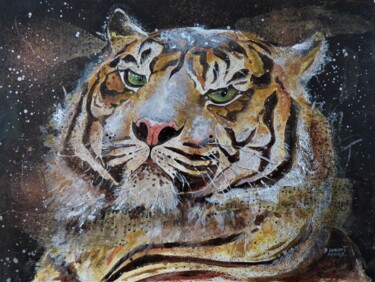 Collages intitolato "tigre en hiver" da Elisabeth Renard, Opera d'arte originale, Acrilico Montato su Cartone