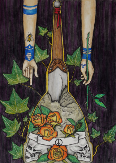 Malerei mit dem Titel "Sword and Roses" von Elisabeth Turci, Original-Kunstwerk, Aquarell