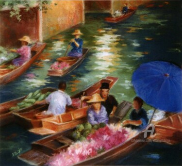 제목이 "Le marché flottant…"인 미술작품 Elisabeth Bazin로, 원작, 파스텔