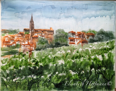 Painting titled "St Emilion" by Elisabeth Hoffmann, Original Artwork, Watercolor Mounted on Wood Stretcher frame