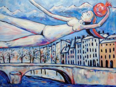 Malarstwo zatytułowany „GIRL flying over th…” autorstwa Elisaveta Sivas, Oryginalna praca, Olej Zamontowany na Drewniana ram…