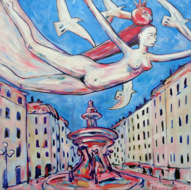 Malerei mit dem Titel "GIRL FLYING WITH WH…" von Elisaveta Sivas, Original-Kunstwerk, Öl Auf Keilrahmen aus Holz montiert