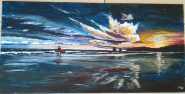 Malarstwo zatytułowany „Le surfeur et les d…” autorstwa Elise Broca, Oryginalna praca, Akryl Zamontowany na Drewniana rama n…