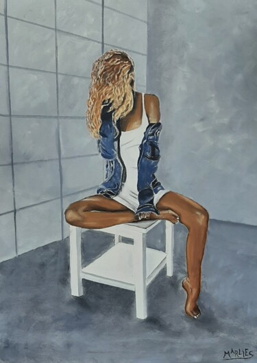 Painting titled "Meisje in blauw-wit" by Elise Wouters, Original Artwork, Oil