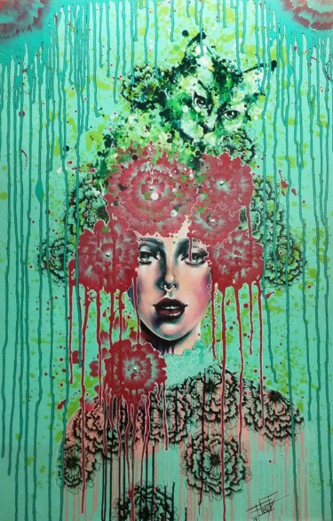 Peinture intitulée "La Dame au chat vert" par Élise Poinsenot, Œuvre d'art originale
