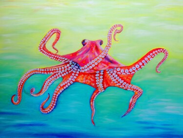 제목이 "Red Octopus"인 미술작품 Elizabeth Sadler로, 원작, 기름 나무 들것 프레임에 장착됨