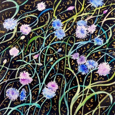 Painting titled "Cornflowers on Black" by Elizabeth Sadler, Original Artwork, Watercolor Mounted on Other rigid panel