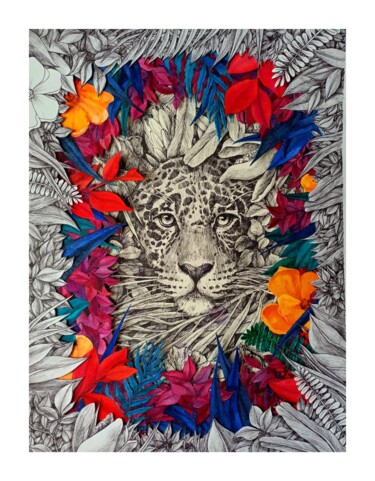 Peinture intitulée "Ягуар в растениях" par Elizabeth Shamina, Œuvre d'art originale, Encre