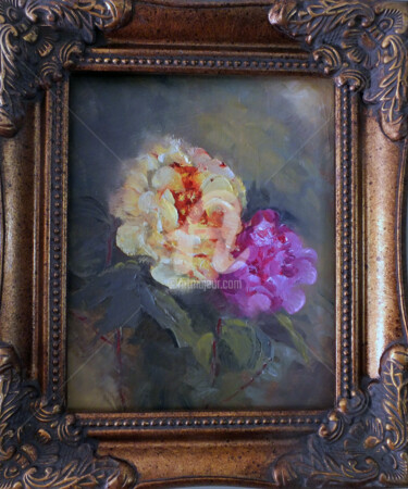Schilderij getiteld "Gentle Roses - Fram…" door Elizabeth Williams, Origineel Kunstwerk, Olie
