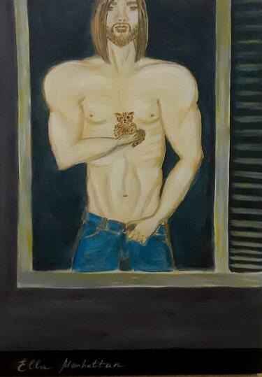 Картина под названием "A guy with a kitten…" - Ella Manhattan, Подлинное произведение искусства, Акрил