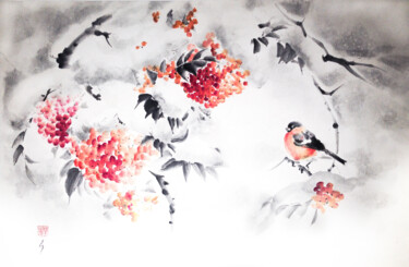 Painting titled "Bullfinch on branch…" by Ellada Saridi, Original Artwork, Ink