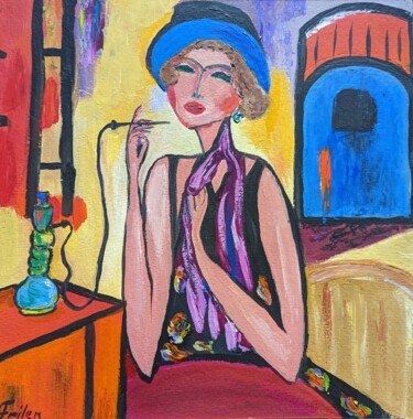 Painting titled "Die Dame an der Bar" by Ellen Frischbutter, Original Artwork, Oil Mounted on Wood Panel