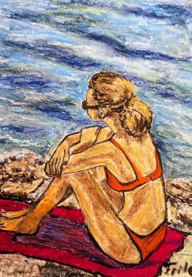 Schilderij getiteld "Mädchen am Strand" door Ellen Frischbutter, Origineel Kunstwerk, Olie