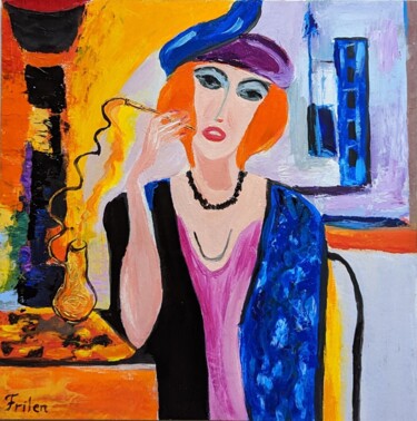 Painting titled "Frau rauchende Kunst" by Ellen Frischbutter, Original Artwork, Oil