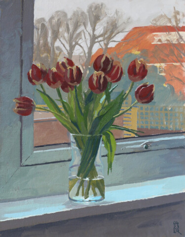 Painting titled "Tulips in Cool Wind…" by Elliot Roworth, Original Artwork, Oil Mounted on Other rigid panel