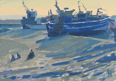 Malerei mit dem Titel "Beached Boats, Hast…" von Elliot Roworth, Original-Kunstwerk, Öl Auf Karton montiert