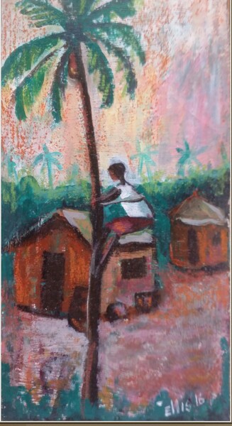 Malerei mit dem Titel "The Palm wine Tapper" von Ellis Oyekola, Original-Kunstwerk, Acryl