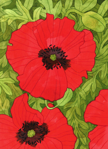 Painting titled "Coquelicots" by Elodie Bougeois, Original Artwork, Watercolor