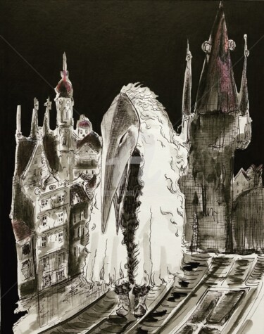 图画 标题为“Prague by Night” 由Elodie M. Richard, 原创艺术品, 墨