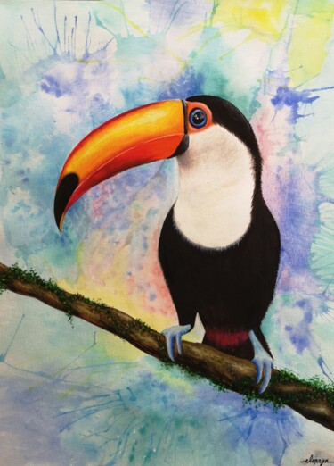 Painting titled "Toucan" by Eloprgn, Original Artwork, Watercolor Mounted on Plexiglass