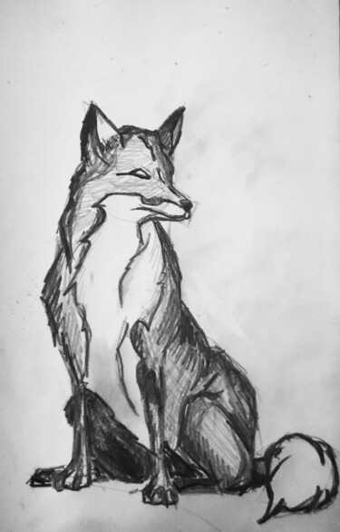 Disegno intitolato "Fox sitting" da Els Devrieze, Opera d'arte originale, Matita