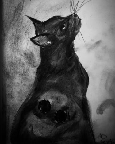 Zeichnungen mit dem Titel "Black cat staring o…" von Els Devrieze, Original-Kunstwerk, Kohle